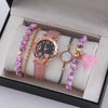 Women's Fashion Watch Bracelet Set Alloy Imitation Leather Rose Gold Buckle Round Quartz Watch
