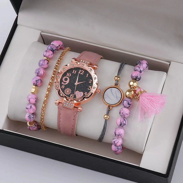 Women's Fashion Watch Bracelet Set Alloy Imitation Leather Rose Gold Buckle Round Quartz Watch