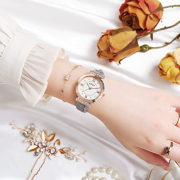Women's Fashion Waterproof Luxury Leisure Alloy Case Sapphire Crystal Glass Mirror Imitation Leather Strap Round Dial Watch