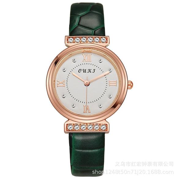 Women's Fashion Waterproof Luxury Leisure Alloy Case Sapphire Crystal Glass Mirror Imitation Leather Strap Round Dial Watch