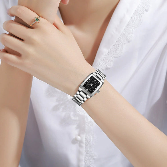 Women's Fashion Waterproof Quartz Watch With Diamond Encrusted Stainless Steel Band And Small Square Dial