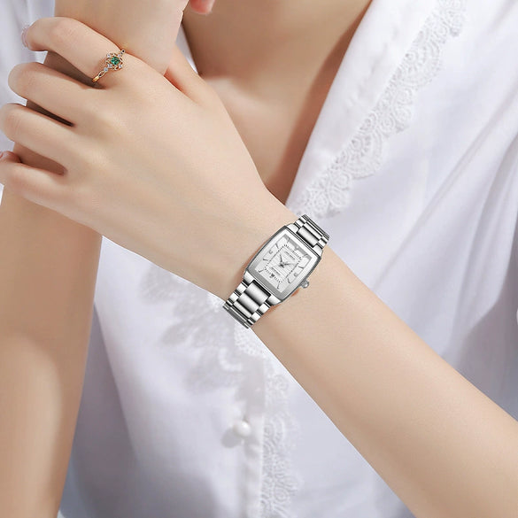 Women's Fashion Waterproof Quartz Watch With Diamond Encrusted Stainless Steel Band And Small Square Dial