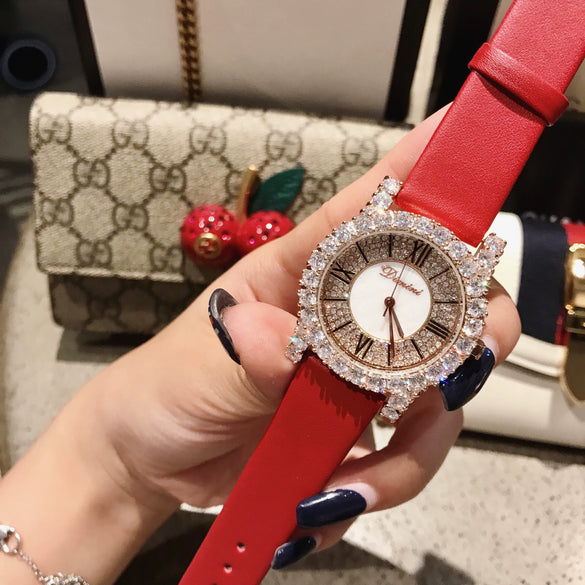 Women's Fashion Waterproof Watch With Genuine Leather Strap Alloy Case Stainless Steel Buckle And Round Dial