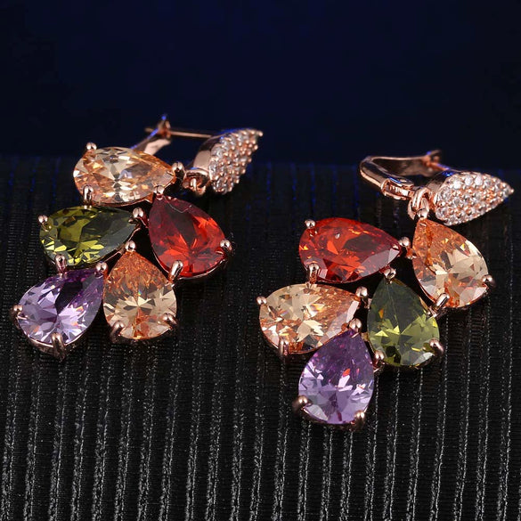 Women’s Fashion Zircon Drop Earrings Colorful Water Drop Shape Floral Small Fresh Style Diamond Cut Color Preserving Jewelry