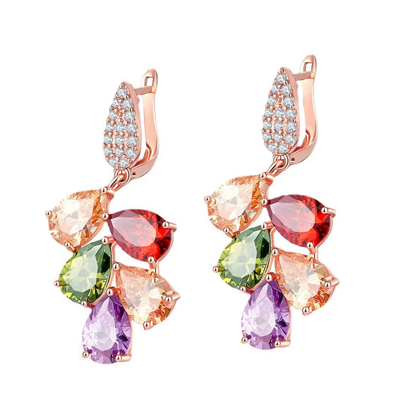 Women’s Fashion Zircon Drop Earrings Colorful Water Drop Shape Floral Small Fresh Style Diamond Cut Color Preserving Jewelry