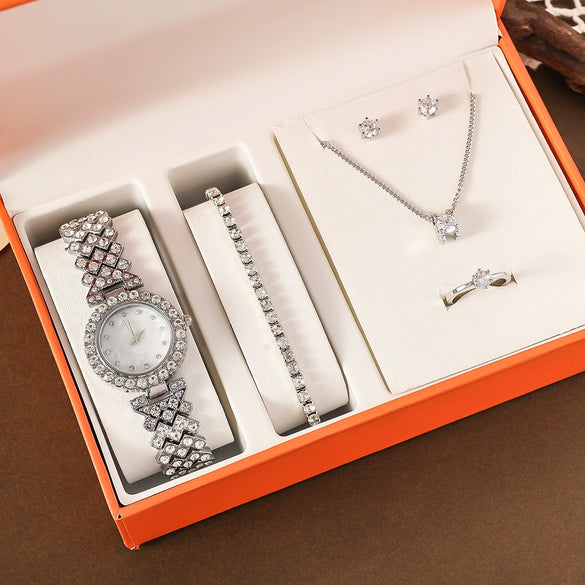 Women's Fashionable Alloy And Stainless Steel Quartz Watch Bracelet Earrings Ring Necklace Gift Set With Oval Dial