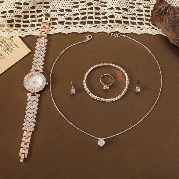 Women's Fashionable Alloy And Stainless Steel Quartz Watch Bracelet Earrings Ring Necklace Gift Set With Oval Dial