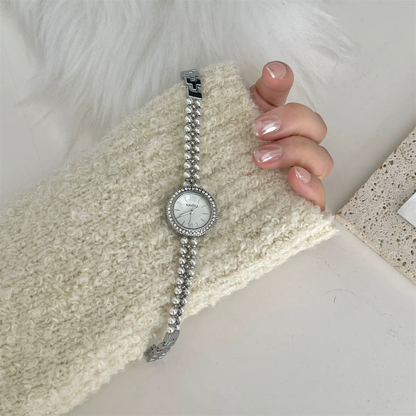 Women's Fashionable Alloy Case And Beads Strap Round Dial Diamondencrusted Bracelet Watch