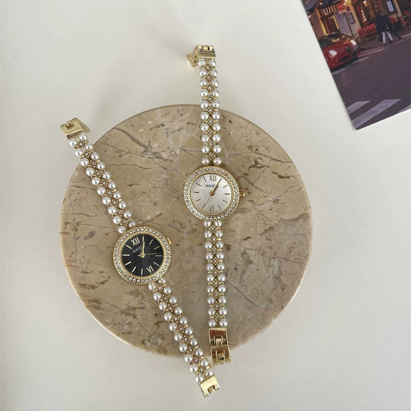 Women's Fashionable Alloy Case And Beads Strap Round Dial Diamondencrusted Bracelet Watch