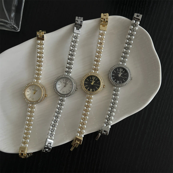 Women's Fashionable Alloy Case And Beads Strap Round Dial Diamondencrusted Bracelet Watch