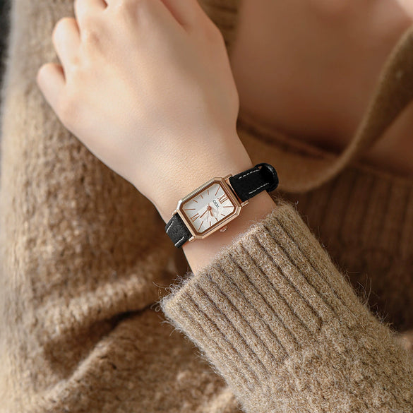 Women's Fashionable Alloy Case Pu Strap Rectangular Dial Rose Gold Buckle Pin Buckle Spiral Crown Watch With Printed Logo And Mineral Reinforced Mirror