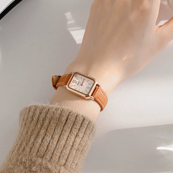Women's Fashionable Alloy Case Pu Strap Rectangular Dial Rose Gold Buckle Pin Buckle Spiral Crown Watch With Printed Logo And Mineral Reinforced Mirror