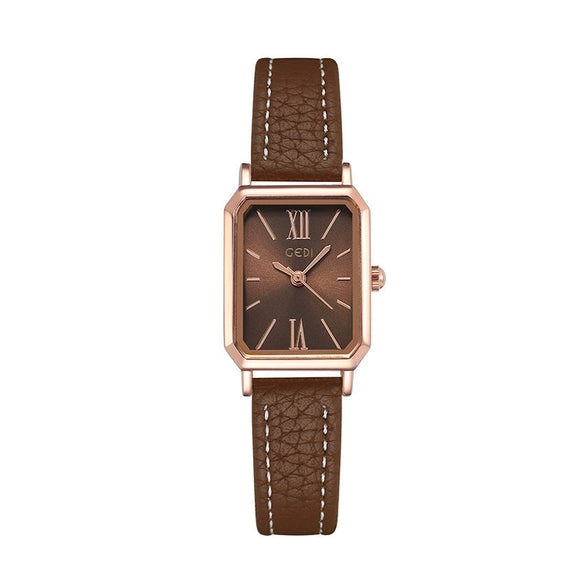 Women's Fashionable Alloy Case Pu Strap Rectangular Dial Rose Gold Buckle Pin Buckle Spiral Crown Watch With Printed Logo And Mineral Reinforced Mirror