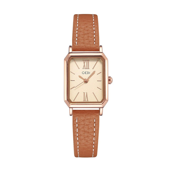 Women's Fashionable Alloy Case Pu Strap Rectangular Dial Rose Gold Buckle Pin Buckle Spiral Crown Watch With Printed Logo And Mineral Reinforced Mirror