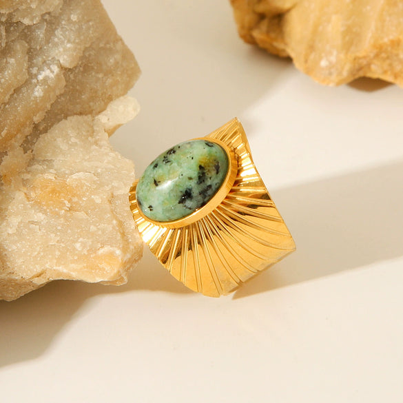 Women's Fashionable Elegant French Retro Court Style Oval Open Ring African Turquoise Titanium Steel Geometric Electroplated