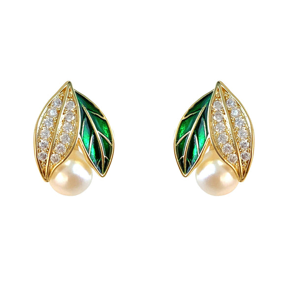 Women's Fashionable Geometric And Leaf Patterned Copper Earrings With Pearls And Electroplating