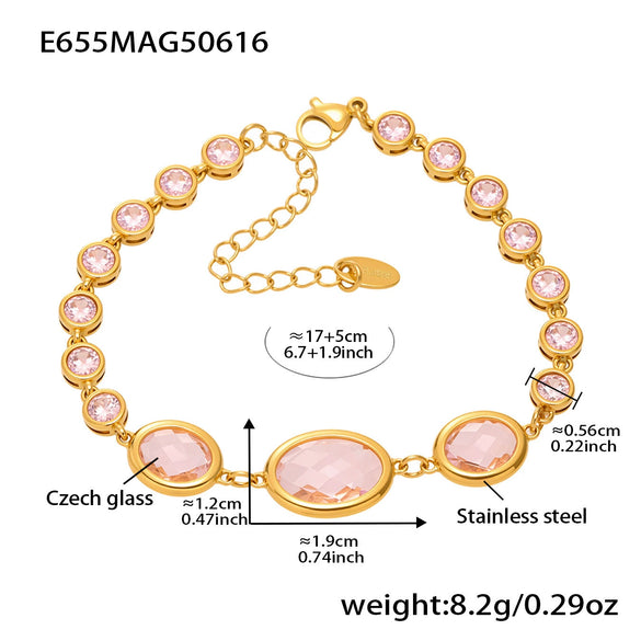 Women's Fashionable Geometric Ferris Wheel Oval Faceted Glass Stone And 5A Zircon Full Diamond Splicing Electroplated Stainless Steel Bracelet