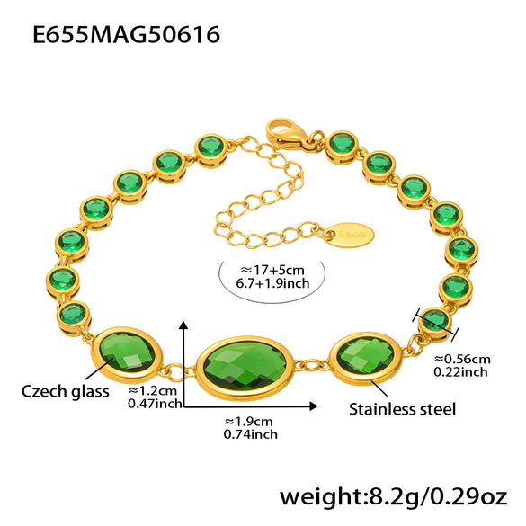 Women's Fashionable Geometric Ferris Wheel Oval Faceted Glass Stone And 5A Zircon Full Diamond Splicing Electroplated Stainless Steel Bracelet