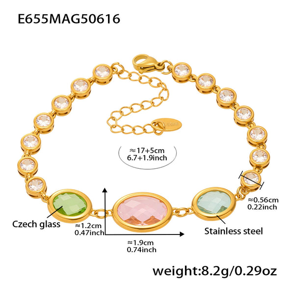 Women's Fashionable Geometric Ferris Wheel Oval Faceted Glass Stone And 5A Zircon Full Diamond Splicing Electroplated Stainless Steel Bracelet