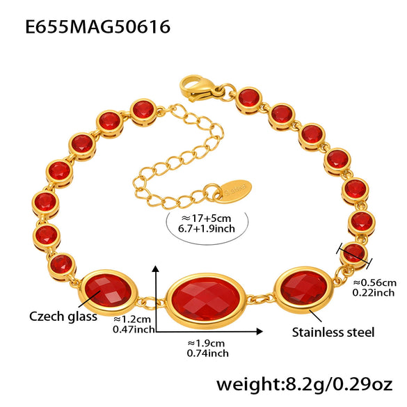 Women's Fashionable Geometric Ferris Wheel Oval Faceted Glass Stone And 5A Zircon Full Diamond Splicing Electroplated Stainless Steel Bracelet