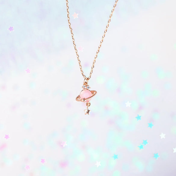 Women's Fashionable Jewelry Copper 18K Star Pattern Planet Saturn Ring Necklace Planetary Pendant Clavicle Chain