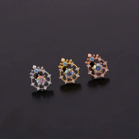 Women's Fashionable Metal Earrings With Colorful Zircon And Flower Pattern