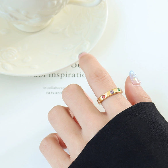 Women's Fashionable Niche Design Colorful Zircon Open Finger Ring Titanium Steel Electroplating Geometric