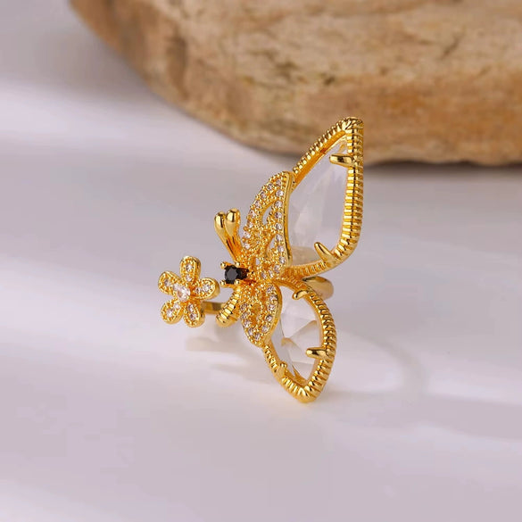 Women's Fashionable Open Butterfly Ring Copper Artificial Crystal Micropaved Zircon Geometric Exaggerated Electroplated