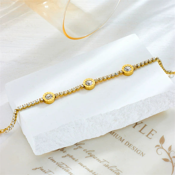 Women's Fashionable Simple Light Luxury Diamondencrusted Roman Round Plate Stainless Steel Bracelet