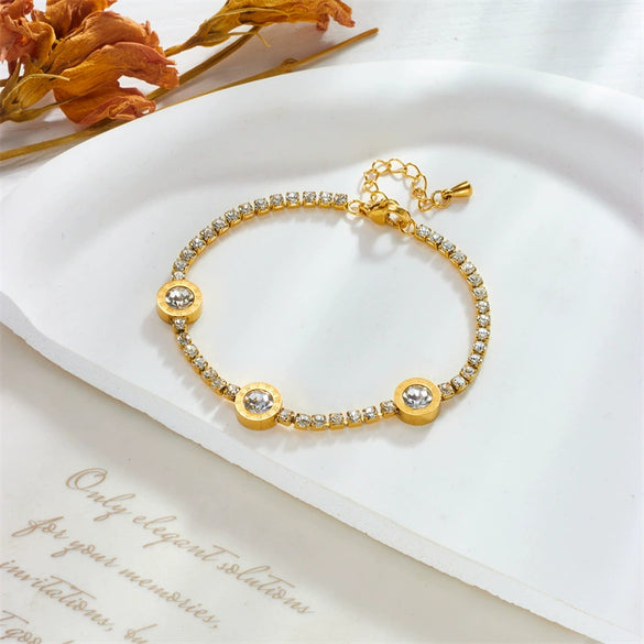 Women's Fashionable Simple Light Luxury Diamondencrusted Roman Round Plate Stainless Steel Bracelet