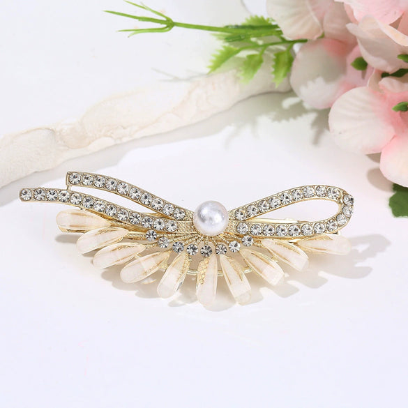 Women's Fashionable Simple Pearl Rhinestone Hairpin Bow Highend Spring Clip Headwear With Baking Paint