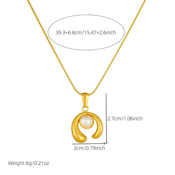 Women's Fashionable Simple U Shape Stainless Steel Pearl Inlaid Ring Opening Pendant Necklace With Gold Plated Chain