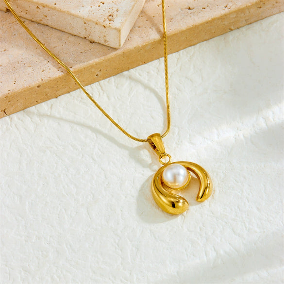 Women's Fashionable Simple U Shape Stainless Steel Pearl Inlaid Ring Opening Pendant Necklace With Gold Plated Chain