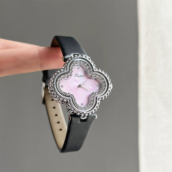 Women's Fashionable Stylish Flower Shape Quartz Watch With Four Leaf Clover Design And Super Fiber Strap And Ordinary Glass Mirror