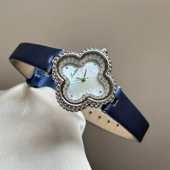 Women's Fashionable Stylish Flower Shape Quartz Watch With Four Leaf Clover Design And Super Fiber Strap And Ordinary Glass Mirror