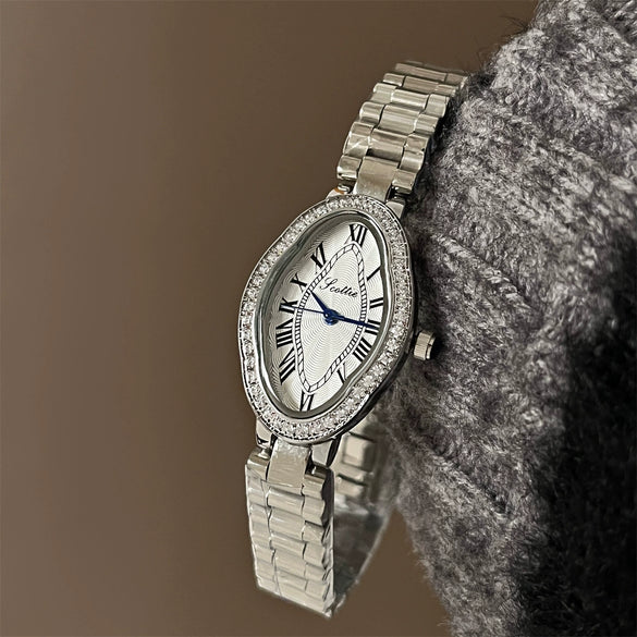 Women's Fashionable Stylish Oval Full Diamond Retro Rose Gold Quartz Watch With Metal Strap And Ordinary Glass Mirror