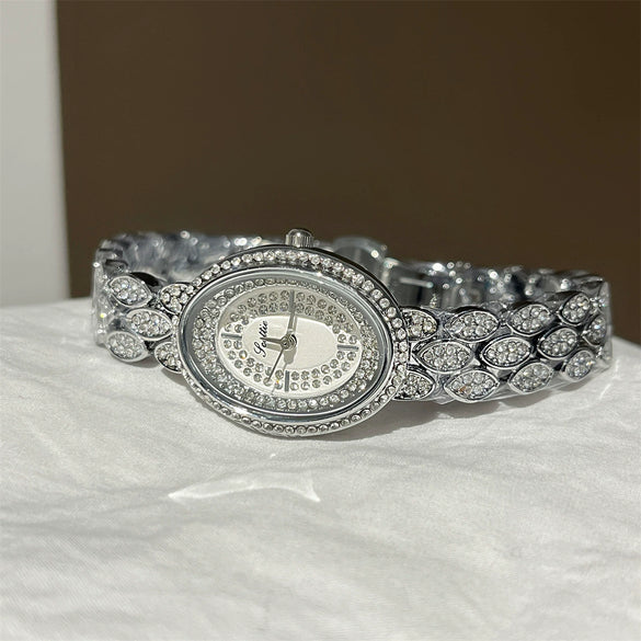 Women's Fashionable Stylish Oval Full Diamond Retro Rose Gold Quartz Watch With Metal Strap And Ordinary Glass Mirror