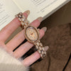 Women's Fashionable Stylish Oval Full Diamond Retro Rose Gold Quartz Watch With Metal Strap And Ordinary Glass Mirror