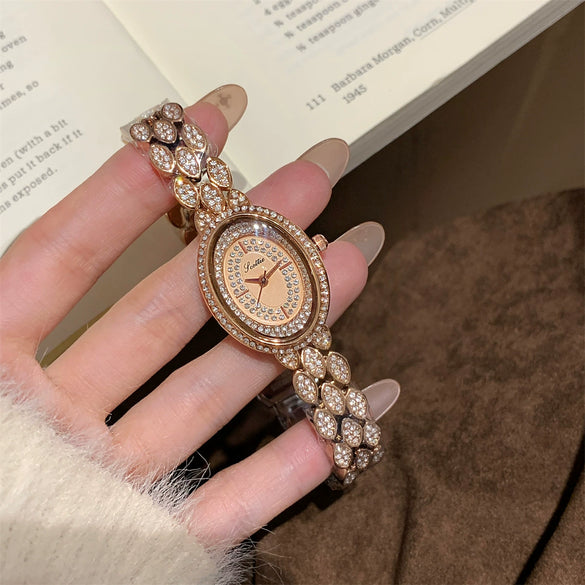 Women's Fashionable Stylish Oval Full Diamond Retro Rose Gold Quartz Watch With Metal Strap And Ordinary Glass Mirror