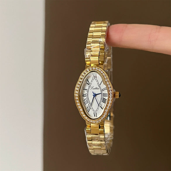 Women's Fashionable Stylish Oval Full Diamond Retro Rose Gold Quartz Watch With Metal Strap And Ordinary Glass Mirror