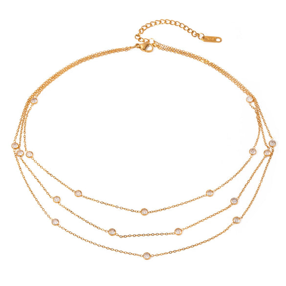 Women's Fashionable Three Layer Stacked Small Clear High Level Simple Multi Layer Zircon Titanium Steel O Chain Necklace With Electroplating Treatment