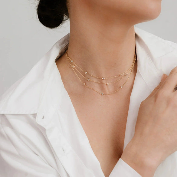 Women's Fashionable Three Layer Stacked Small Clear High Level Simple Multi Layer Zircon Titanium Steel O Chain Necklace With Electroplating Treatment