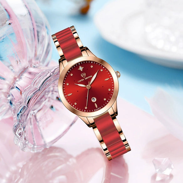 Women's Fashionable Waterproof Nonmechanical Watch With Spiral Crown Round Dial Alloy Case And Strap With Imitation Ceramic Grains And Stainless Steel Buckle