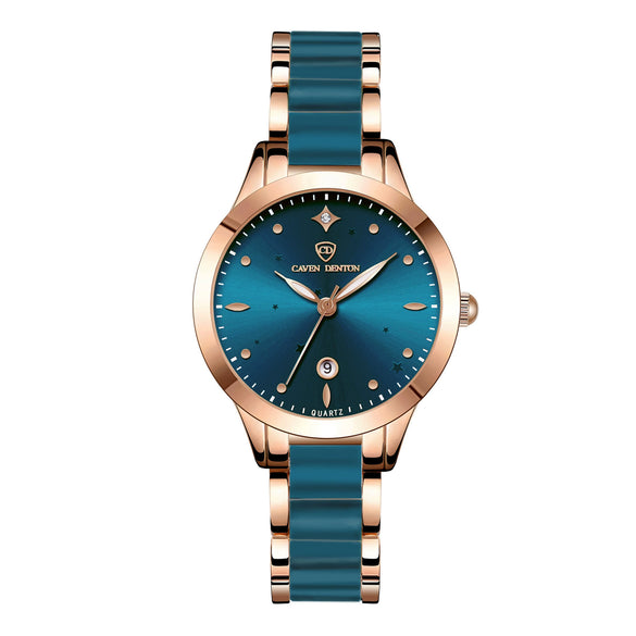 Women's Fashionable Waterproof Nonmechanical Watch With Spiral Crown Round Dial Alloy Case And Strap With Imitation Ceramic Grains And Stainless Steel Buckle