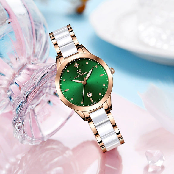 Women's Fashionable Waterproof Nonmechanical Watch With Spiral Crown Round Dial Alloy Case And Strap With Imitation Ceramic Grains And Stainless Steel Buckle
