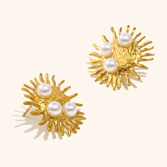 Women's Faux Pearl Sunburst Stud Earrings Goldplated Stainless Steel Geometric Light Luxury Statement Jewelry