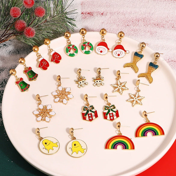 Women's Festive Alloy Geometric Christmas Tree Snowflake Pumpkin And Rainbow Electroplated Earrings Holiday Gift