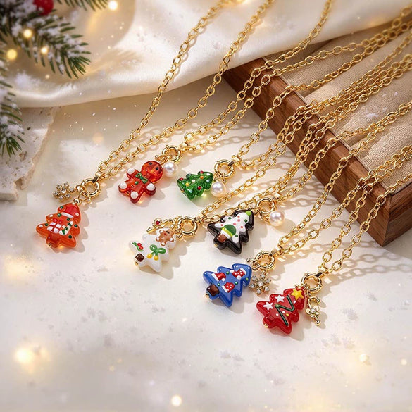 Women's Festive Cartoon Christmas Tree And Snowman Glass Pendant Necklace With Copper Chain And Plated Finish