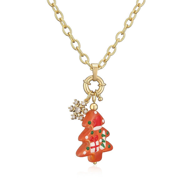 Women's Festive Cartoon Christmas Tree And Snowman Glass Pendant Necklace With Copper Chain And Plated Finish