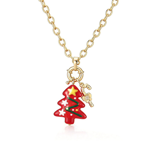 Women's Festive Cartoon Christmas Tree And Snowman Glass Pendant Necklace With Copper Chain And Plated Finish